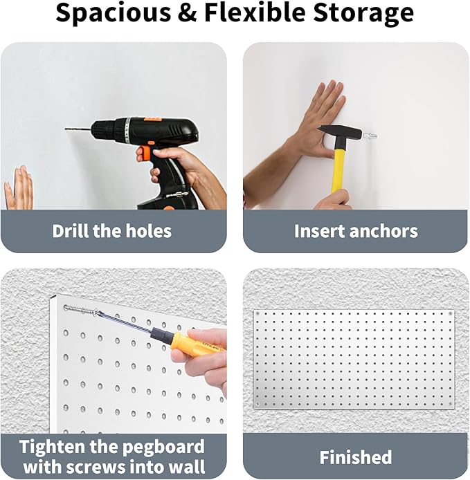 Garage Pegboard Organizer - 4-Pack 24" x 12" Silvery Heavy-Duty Metal Pegboard Panels, High-Capacity Wall Mount Peg Board for Tool Storage, Workshop, Kitchen, Garage & Office Organization