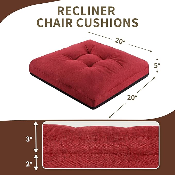 Recliner Cushions, 20x20x5 Inch Double Layer Design Chair Cushion, Soft Tufted Thickened Seat Cushions for Elderly, Wine Red