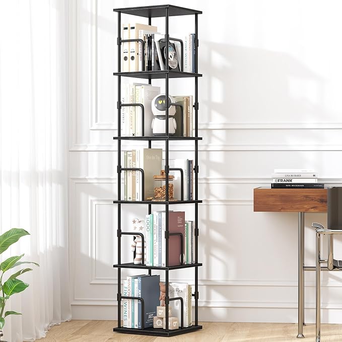 5-Tier Rotating Bookshelf, Freestanding Corner Bookshelf Industrial Style Storage Rack with Rails, for Living Room, Bedroom,