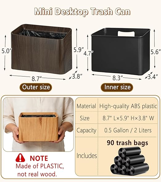 Countertop Trash Can, Mini Desktop Trash Can Open Top 0.5 Gal/2 L(with 90 Bags), Dark Wood Grain Small Plastic Tabletop Garbage Cans, Tiny Desktop Waste Basket for Office, Bedroom, Car