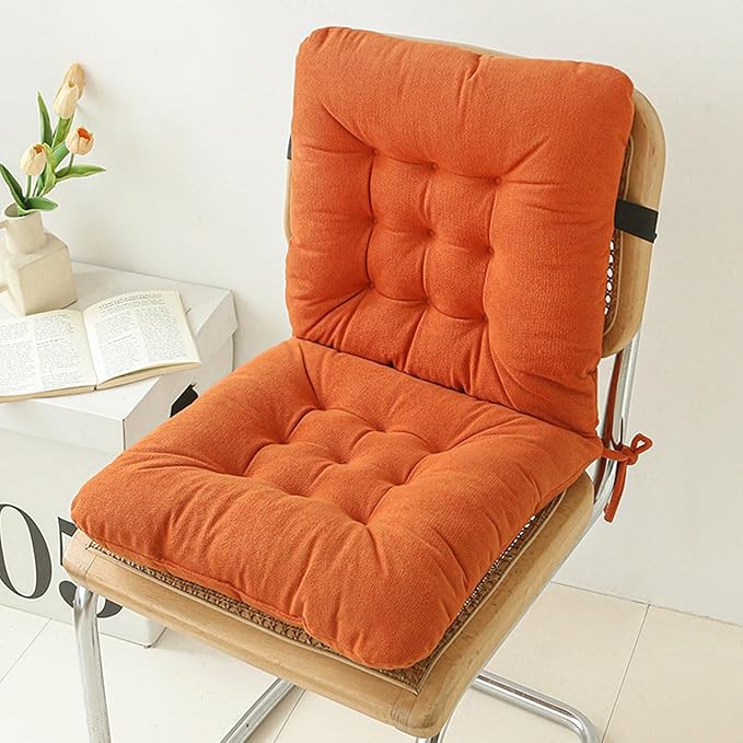 Seat Cushion with Back Support, 31.5 Inch Chenille and PP Cotton Integrated Chair Pad with Fixed Strap for Office Desk and Dining Chairs (Orange)