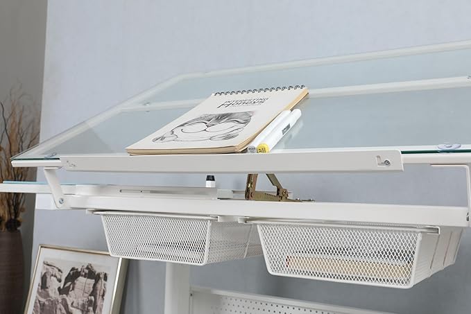 White Art Table,Drafting Table with Storage,Adjustable Drawing Desk with Stool & 2 Storage Drawers for Art Studio Home Office School Adults Teens Artists Kids