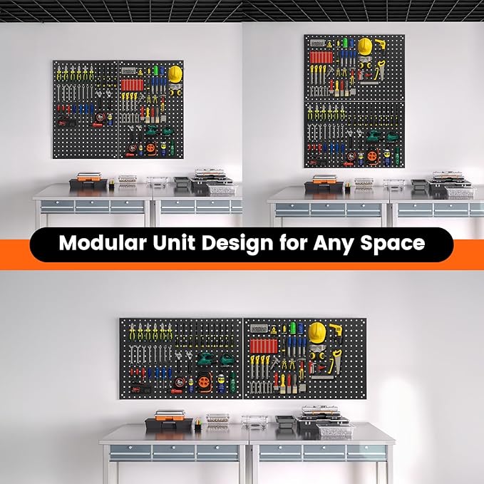 ENJOYWOOD Pegboard, 2 PCS 24"×16" Metal Peg Board Panels Black Modular Wall Organizer Kit with 30 Hooks, Dual-Size Hole Design for Home Tool Storage, Garage Organization, Kitchen, Office, Craft Room