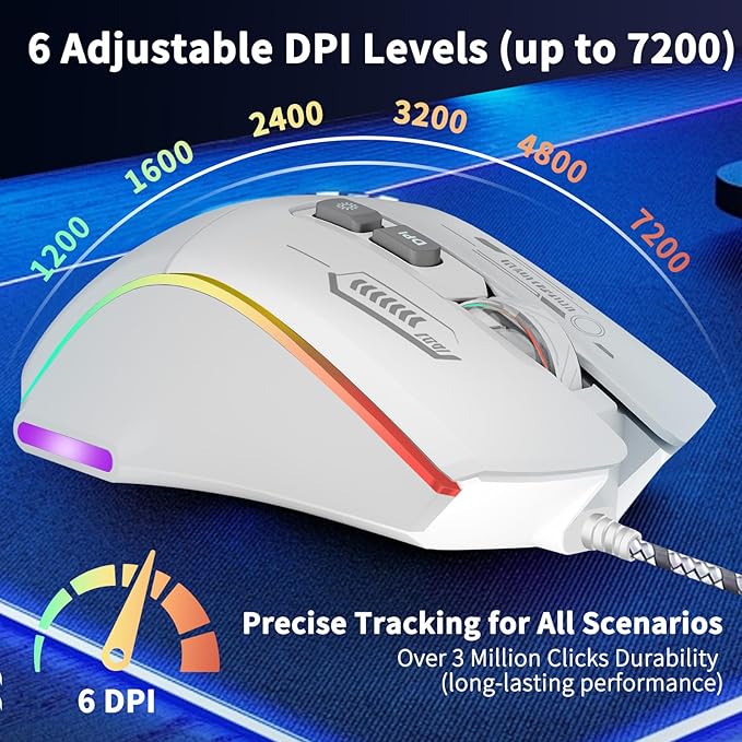 Gaming Mouse, Wired Gaming Mouse with RGB Backlit, 7200DPI Adjustable, PC Gaming Mice with 7 rogrammable Macro Buttonsg, Ergonomic Mouse Gamer for PC, Desktop, Mac，Laptop, Chromebook.