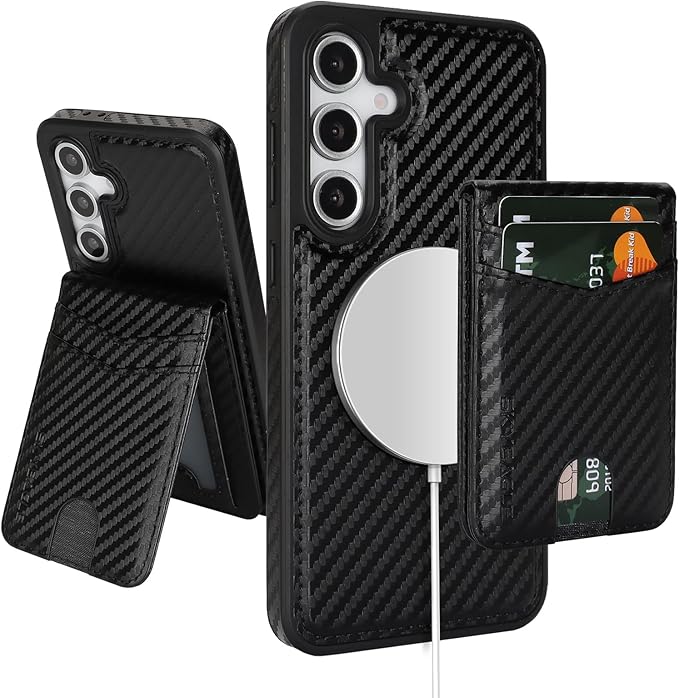 SkyEagle Compatible with Magsafe 2 in 1 Detachable Galaxy S25 Wallet Case with Card Holder,Women Men Magnetic PU Leather RFID Blocking Flip Kickstand Credit Slots for Galaxy S25 6.2",Carbon Black