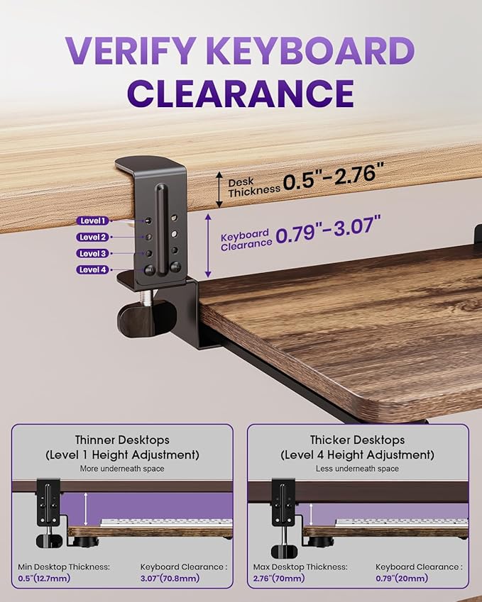 Ergonomic Keyboard Tray Under Desk, Pull Out with Adjustable C-clamp, 25.6 (31.5 Including Clamps) x 11.8 Inch Slide Out Computer Keyboard Drawer Mouse Tray for Typing, Large & Rustic Brown