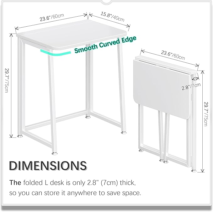 4NM 23.6" Mobile Small Folding Desk, Foldable Rolling Computer Home Office Desk, Study Writing Table for Small Space Saving Bedroom, with Wheels - All White