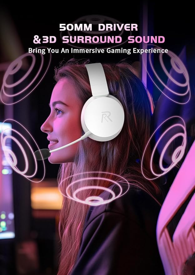 RYR Wireless Gaming Headsets, Bluetooth 5.3, 3D Surround Sound, Rotatable Earmuffs, Gaming Headphones with Noise Canceling Microphones for Xbox Series X|S, Xbox One, PS5, PS4, Mac-Pinkwhite