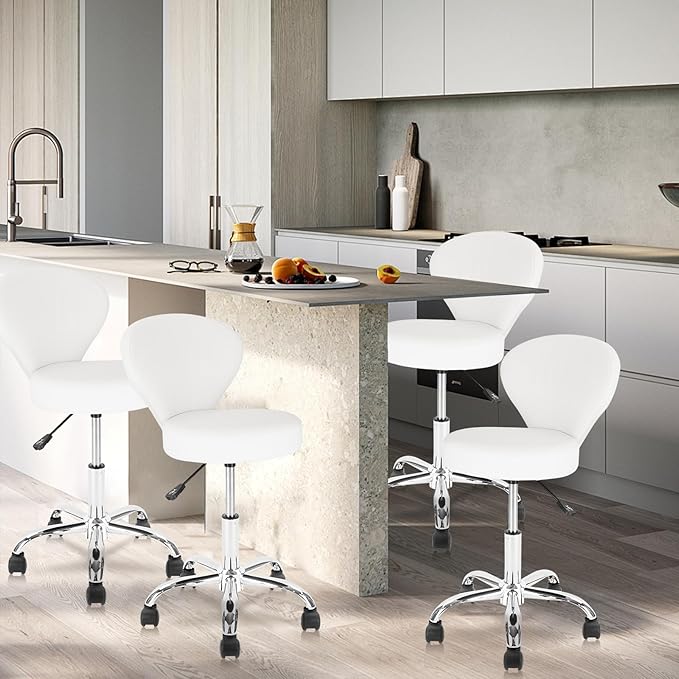KLASIKA Set of 2 PVC Faux Leather Rolling Swivel Salon Stool Chair with Back Support Adjustable Hydraulic Seat Height 22 in Diameter 15 Inch for Facial Spa Medical Tattoo Beauty Barber White 2 Pack