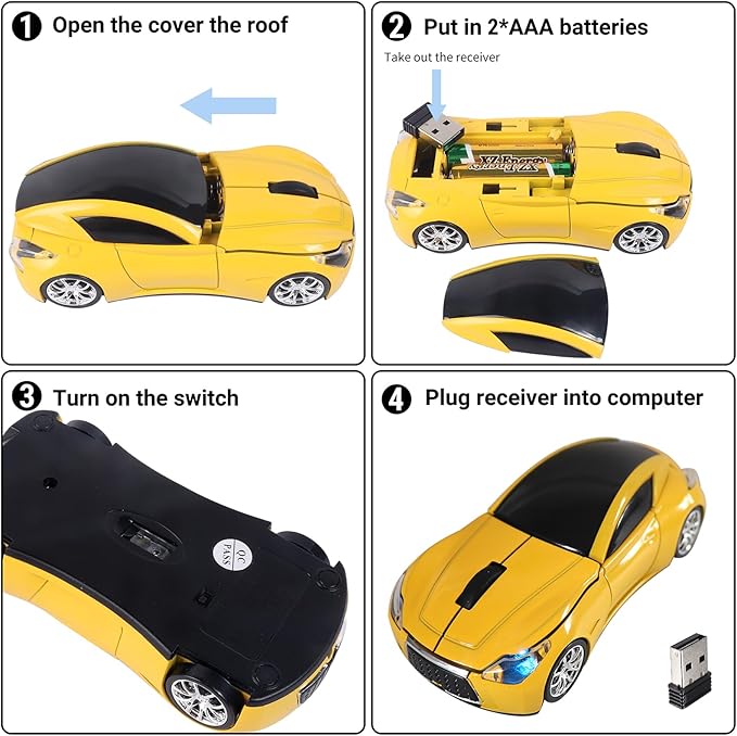 elec Space Wireless Mini Mouse with Case - Cute Sports Car Shape, Lightweight & Portable, 10m Range, Plug and Play (Yellow)