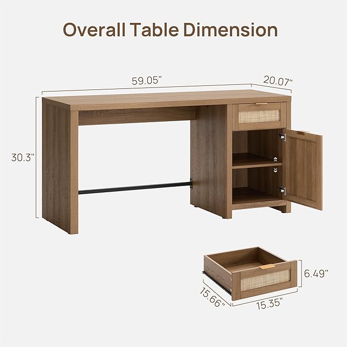 SICOTAS Rattan Home Office Desk, 2 Pieces Farmhouse Boho Executive Desk with Storage Cabinets and Drawers, Larger Writing Desk for Office, Study, Living Room, Oak