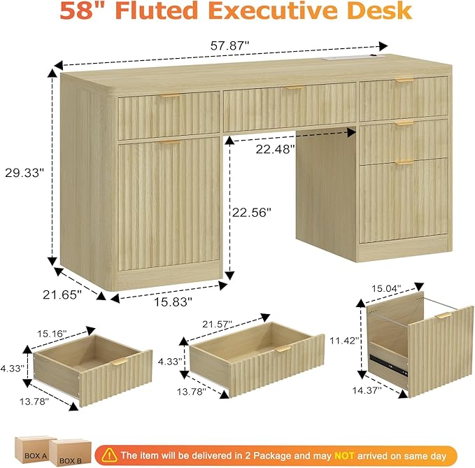knoworld 58" Fluted Executive Desk with Storage & Charging Station Wood Modern Home Office 4 Drawers 1 File Cabinet Storage Computer Writing for Work Living Room Bedroom, Natural