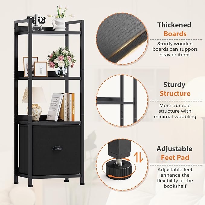 Sweetcrispy 4-Tier Bookshelf with Fabric Drawer, Wood-Metal Standing Display Shelf, Multi-Functional Organizer for Books, CDs and Movies, Suitable for Bedroom, Living Room, Black