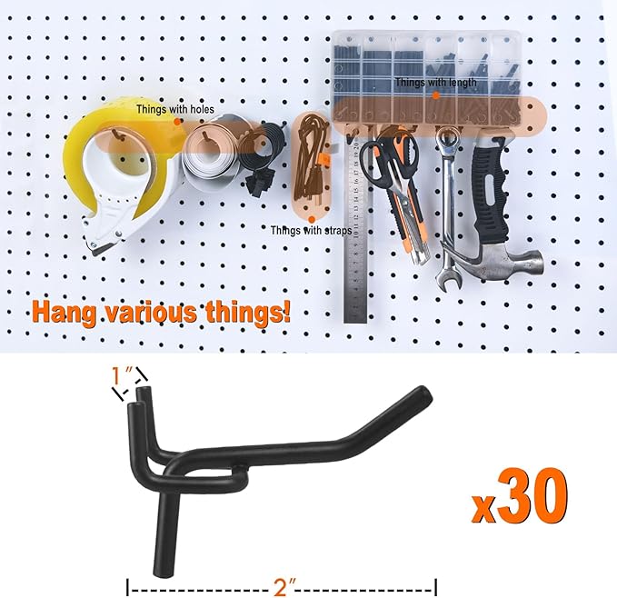 G.CORE Pegboard Hooks Accessories - 30pcs 2inch Metal Peg Board Tool Hangers, Fits 1/8 1/4 Pegs Slots, Pegboard Wall Organizer Shelving Racks, Hanging Display Storage Holders for Garage Craft (Black)