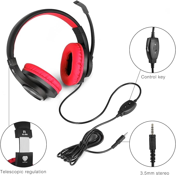 BlueFire Kids Headphones for Online School, Children, Teens, Boys, Girls, 3.5mm Stereo Over-Ear Gaming Headphone with Microphone and Volume Control for PS4, PS5, New Xbox One (Red)