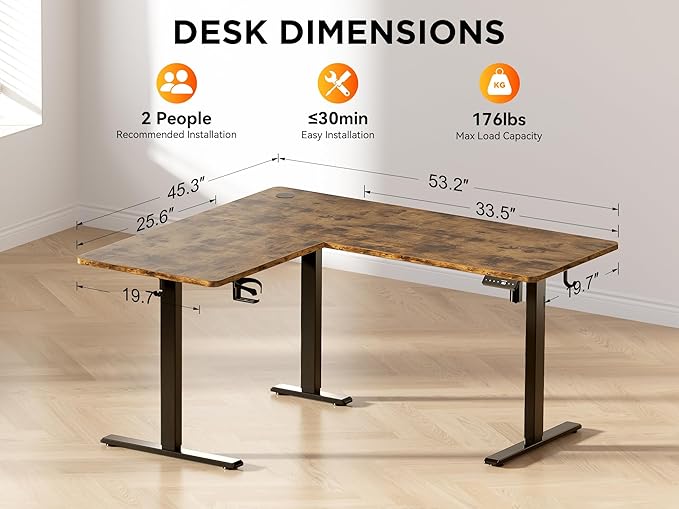 WALKINGDESK 55X45 Inches Reversible L Shaped Standing Desk Height Adjustable with Cup Holder, Electric Corner Computer Desk, Sit Stand up Home Office Desk, Ergonomic Gaming Desk, Rustic Brown
