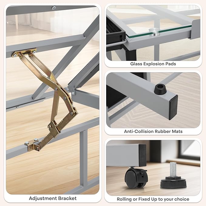 Athena Collection 41" Drafting Table Adjustable Angle Drawing Table Tempered Glass Art Desk Metal Frame Craft Desk for Artist with Fabric Drawers, Rolling Casters and Trays, Light Grey