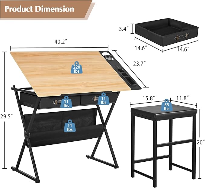 VECELO Drafting Table Art Desk Art Table Adjustable Drawing Table Tilted Tabletop with 2 Storage Drawers and Stool, Drawing Desk for Artist Painters Drawing, Crafting, Reading, Writing, Natural