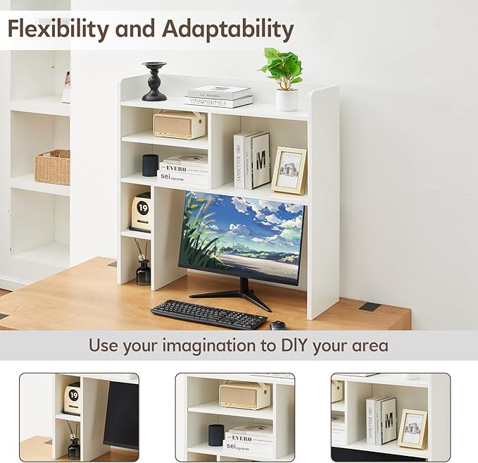 OFCASA Desktop Bookshelf, Countertop Storage Hutch with 7 Shelves for Computer Desk, 35.4'' 3-Tier Display Rack, Multipurpose Wooden Desk Hutch Storage Organizer for Home Office Dorm, White