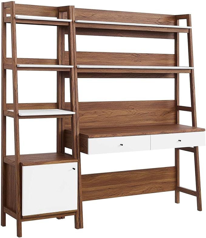 Modway 2-Piece Home Office Desk and Bookshelf Display Case in Walnut White