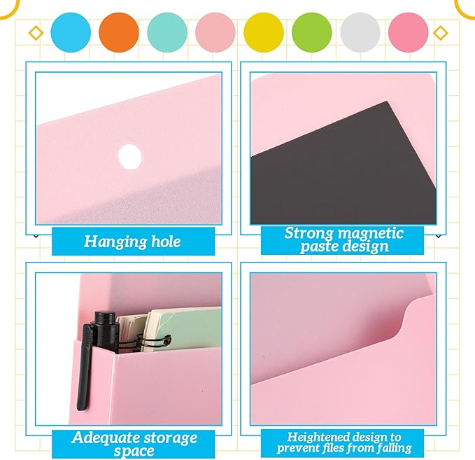 Gilprop 8 Pack Magnetic File Paper Holder High Design Pocket Magnetic Wall File Organizer Hanging Refrigerator Magazine Mail Letters Paper Holder for Teacher Office Supplies(Classic Color,Classic)