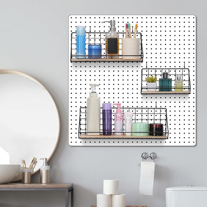 Roowest 3 Sets Metal Pegboard Shelves with Steel Peg Board Brackets and Hooks Wall Organizer Storage Display Tray Accessories for Craft Room Home Office Garage Nursery Workbench Kitchen(Black)