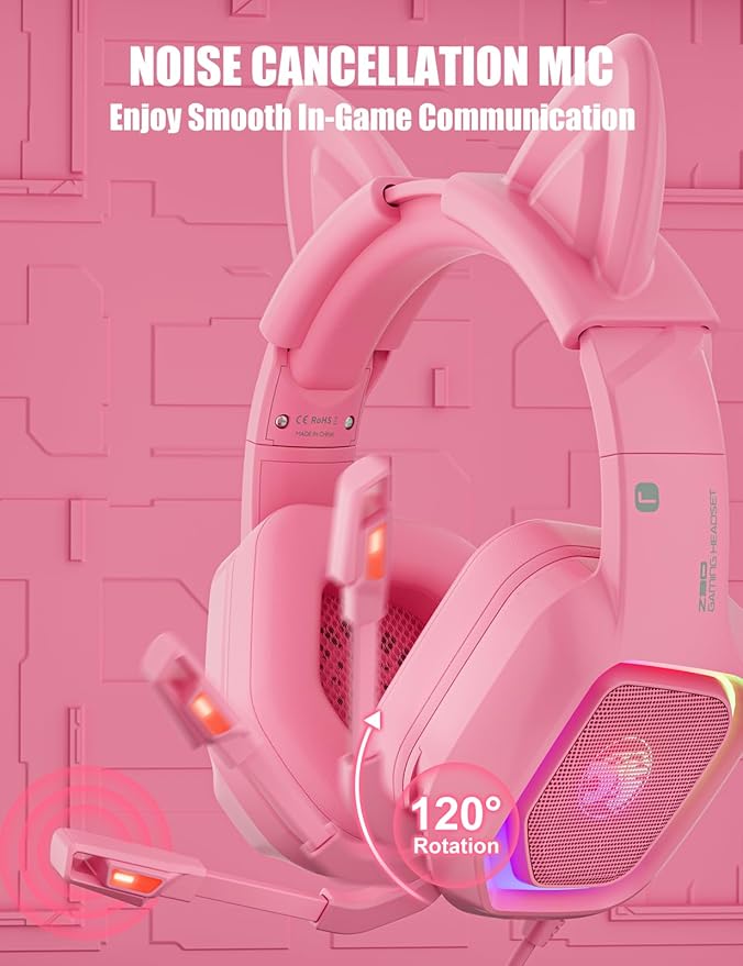 ZIUMIER Gaming Headset with Detachable Cat Ears, Compatible with PS4 PS5 Xbox One PC Laptop, Over-Ear Headphones with LED Light, Noise Canceling Mic, Stereo Surround Sound (Pink Cat)