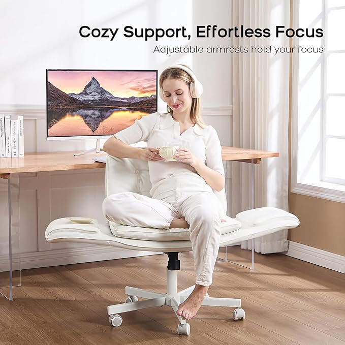 amseatec Criss Cross Chair with Armrests & Wheels, PU Leather Vanity Chair, Comfortable Adjustable Swivel Computer Office Desk Chairs for Home, Make Up, Bed Room (White)