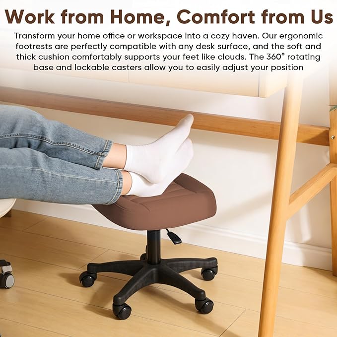 Height Adjustable Foot Stool,Large Seat Under Desk Footrest,Swivel Rolling Chair Sturdy Wheels,Ottoman Stool Simple Meeting Chair for Home Office,Brown