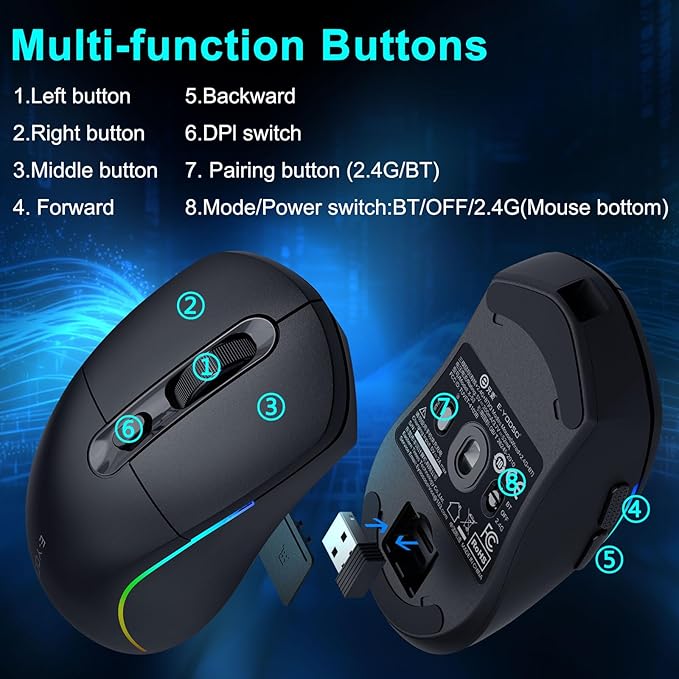 E-YOOSO Wireless Gaming Mouse, 10,000 DPI, Tri-Mode 2.4Ghz/Bluetooth/USB-C Wired, RGB Backlit, 6 Programmable Buttons, Ergonomic Rechargeable Gamer Mice with PC, Mac, PS, Xbox - Black