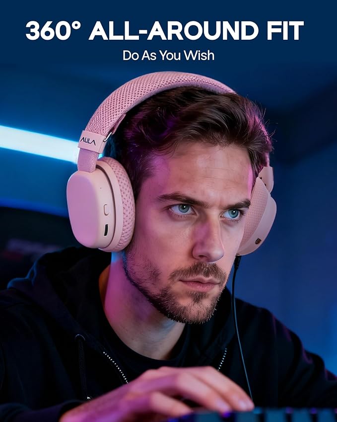 MechLands Aula G7 Wireless Gaming Headset for PS4/PS5/PC/Switch, Over-Ear Headphones with Detachable Noise Canceling Mic, RGB, Surround Sound, 60H Battery, 2.4GHz/BT/Wired (Pink)