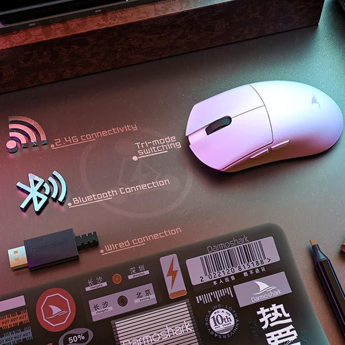 Darmoshark M3 8K Wireless Gaming Mouse,Tri-Mode 2.4G/USB-C/Bluetooth Mouse Up to 26000DPI,PAW3395 Optical Sensor Lightweight 58g,5 programmable Button,Computer Mouse for Laptop,PC,Mac