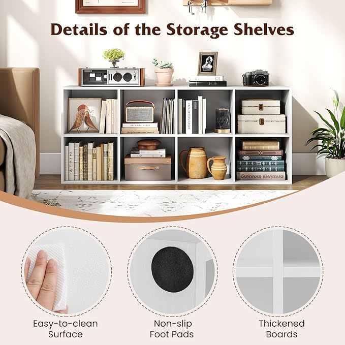 Tangkula 8-Cube Bookcase, Large Floor Standing Horizontal Bookshelf with 8 Open Shelves & 2 Anti-Tipping Kits, Home Office Wooden Storage Book Shelf for Living Room, Study (White, 8-Cube)