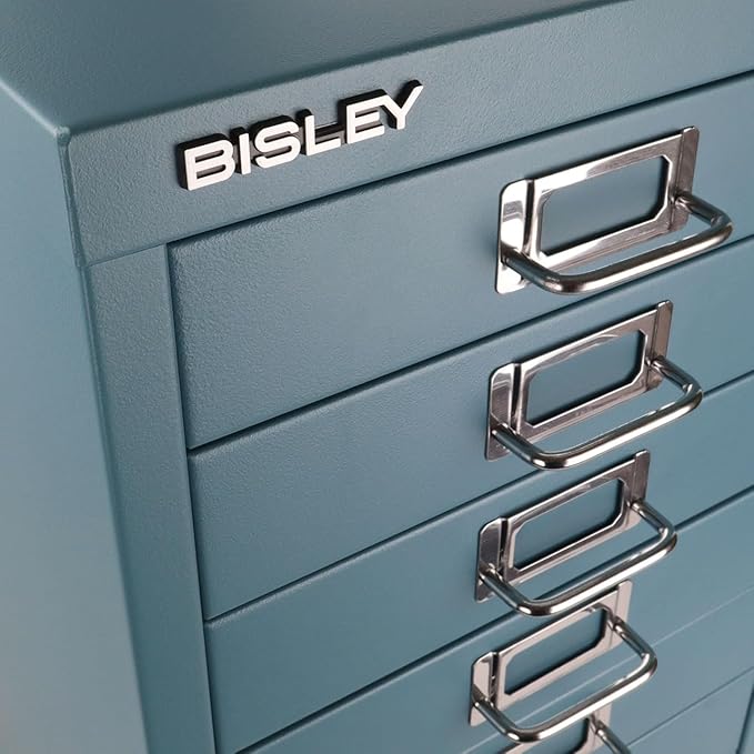 Bisley 10-Drawer Steel MultiDrawer Cabinet - Doulton Blue, Chrome Pull Handles with Label Holders, Powder-Coated Steel, Removable Drawers, Fits Under Most Desks, Labels Included