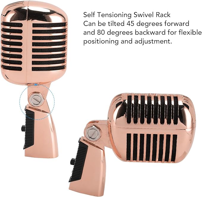 Classic Retro Microphone, Vintage Dynamic Microphone, Zinc Alloy Self Tensioning Rotating Rack, Unidirectional Cardioid Mic, Universal Stand Compatible (Rose Gold)