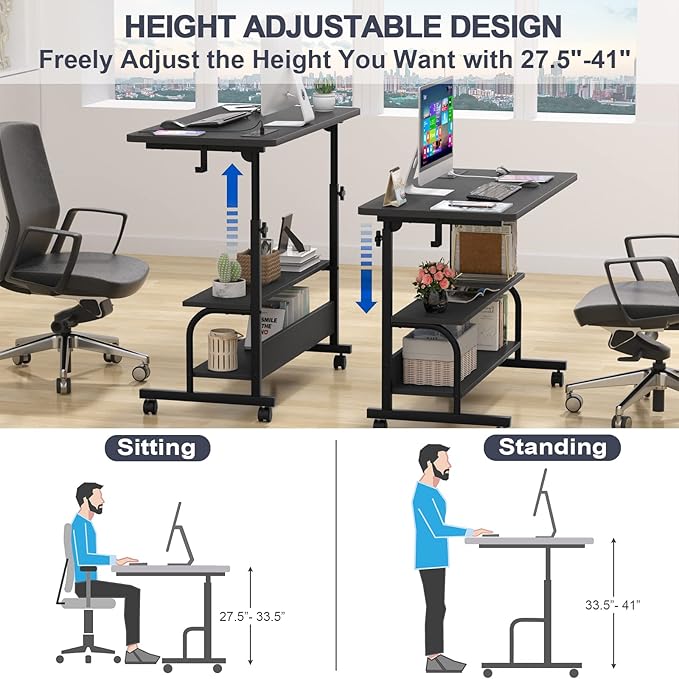 Armocity Rolling Standing Desk with Power Outlets, 32" Manual Height Adjustable Mobile Computer Desk with Wheels, Small Portable Sit Stand Laptop Couch Table for Bed & Sofa Home Office, Black