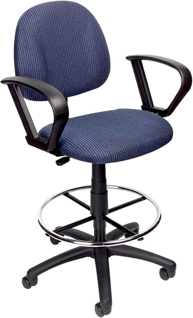 Benzara Jea Drafting Stool Chair, Loop Arms, Blue Tweed, Round Footring