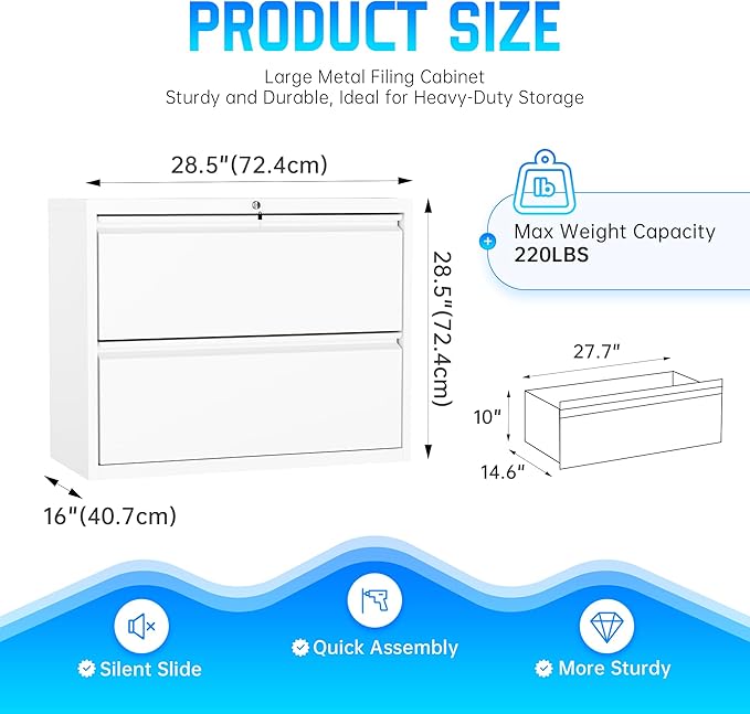 Greenvelly 2 Drawer File Cabinet, White Lateral File Cabinet with Lock, Filing Cabinet for Home Office, Lockable File Cabinets for Legal/Letter/A4/F4 Size with Hanging Files&Key