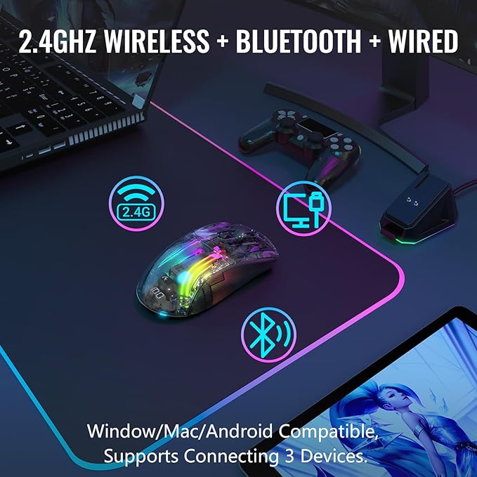 A.JAZZ Wireless Gaming Mouse with Full Transparent,Tri-Mode 2.4GHz/Bluetooth/Wired Mouse,Digital Display,Charging Base,3D RGB Backlit,Silent Mice with 7 Buttons,Wireless Mice for Laptop,PC,Mac(Black)
