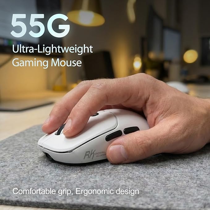 RK ROYAL KLUDGE MO1 Wireless Mouse, 55g Ultra-Lightweight Computer Mice, 6 Programmable Buttons, 2.4GHz/Bluetooth/Wired, 6000 DPI Optical Sensor, White