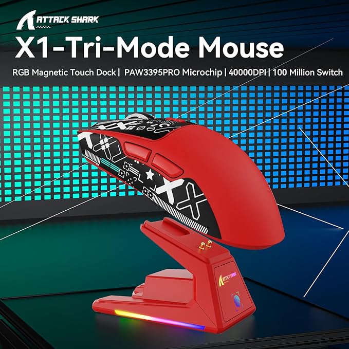 MAMBASNAKE Attack Shark X1 Wireless Gaming Mouse with RGB Charging Dock,PAW3395 PRO Sensor 40K DPI,1KHz Polling Rate 53g Superlight Tri-Mode Computer Mice,5 Programmable Buttons for Win/MAC-Red&Tape