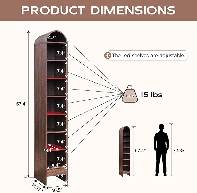 IFGET 67" Tall Arched Bookshelf, 8 Tiers Arch Bookcase with Storage, Modern Farmhouse Book Shelf with Adjustable Shelves, Wood Bookshelf w/Open Display Shelves for Living Room, Office (Brown)