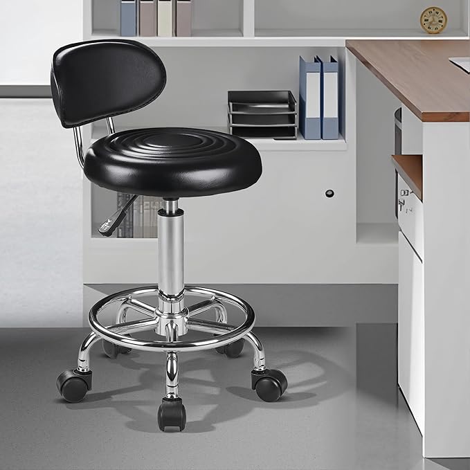 VECELO Home Office Desk Chair with Backrest & Wheels | PU Leather Rolling Office Chair for Drafting, Salon, Spa(Black, with Back)
