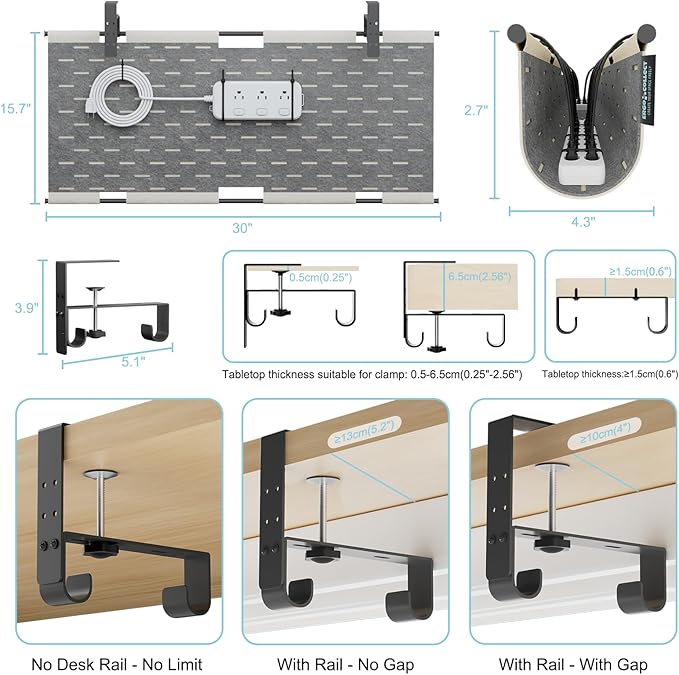 2-in-1 Under Desk Cable Management Tray & Privacy Panel, Dual-Sided Thick Felt Cord Organizer with 20 Cable Ties, Heavy Duty Steel Frame Support, No-Drill Clamp Mount, Large Capacity (Khaki/Gray, 30")