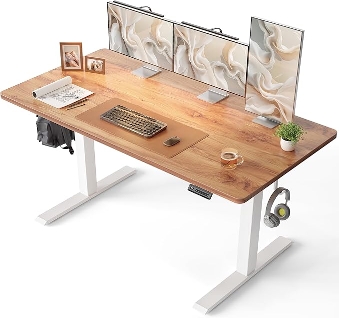 CubiCubi 55 x 24 Large One-Piece Standing Desk, Adjustable Height Electric Computer Home Office Sit Stand up Workstation, with 4 Memory Presets, Headphone Hook, Light Vintage