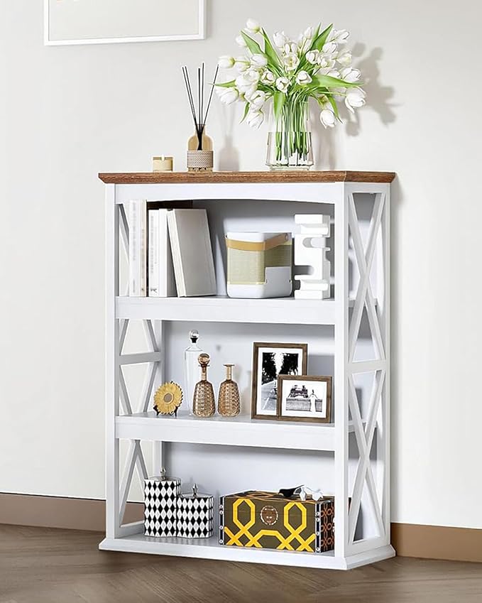 CHOEZON 4-Tier Bookcase, 42.9" Floor Standing Organizer Shelf, Corner Book Stand, Metal Frame, for Study, Bedroom, Living Room, White and Walnut TSJ01WL