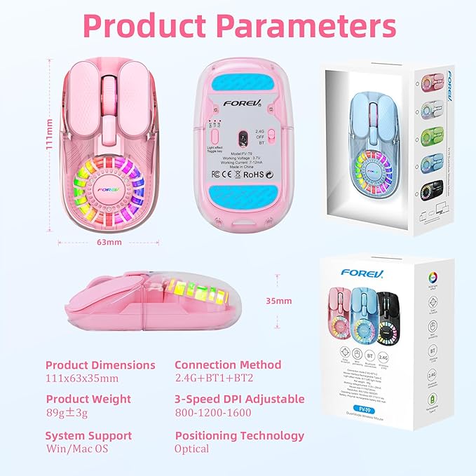 Wireless Bluetooth Mouse, Transparent BT+2.4G Dual-Mode Gaming Mouse with Magnetic Top Cover, Rechargeable RGB Backlit Computer Mouse for Laptop, PC, MacBook, iPad (Pink)