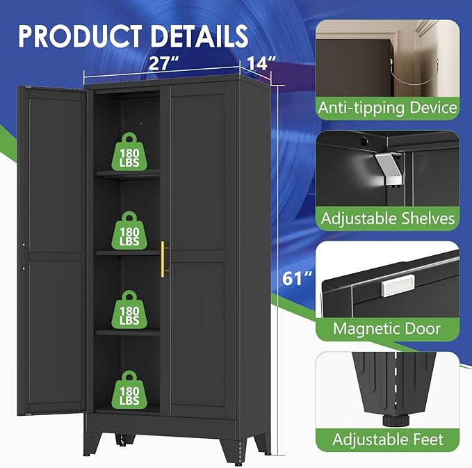 61" Metal Storage Cabinet with Adjustable Leveling Foot,Garage Storage Cabinets with 2 Doors and 3 Adjustable Shelves, Black Steel Cabinet for Office,Home,Garage(Black)