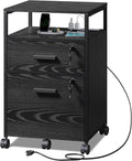 DEVAISE 2 Drawer File Cabinet with Lock and Charging Station, Wood Filing Cabinet fits A4 or Letter Size, Mobile Printer Stand with Open Storage Shelf for Home Office, Black