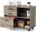 VINGLI 3 Drawer Wood Lateral File Cabinet with Adjustable Shelves & Locking Wheels, Printer Stand with Drawers for Letter Files, Sturdy File Cabinets for Home Office, Study & Business, Rustic Gray